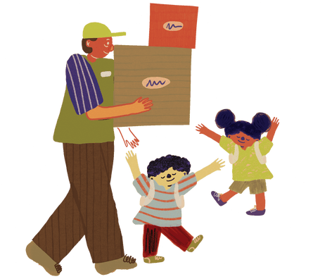 An illustration of children with their hands in the air and an adult carrying boxes.