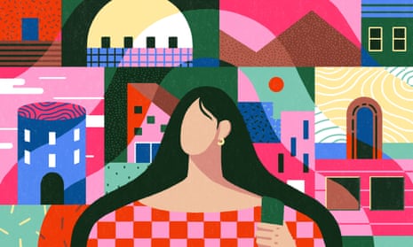 Abstract illustration of a student with lots of University buildings behind them