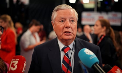Lindsey Graham (R-SC) speaks to reporters in the spin room after the Biden-Trump debate on 27 June.
