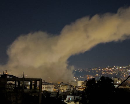 Smoke rises from Israeli airstrikes in a suburb of Beirut on Monday.
