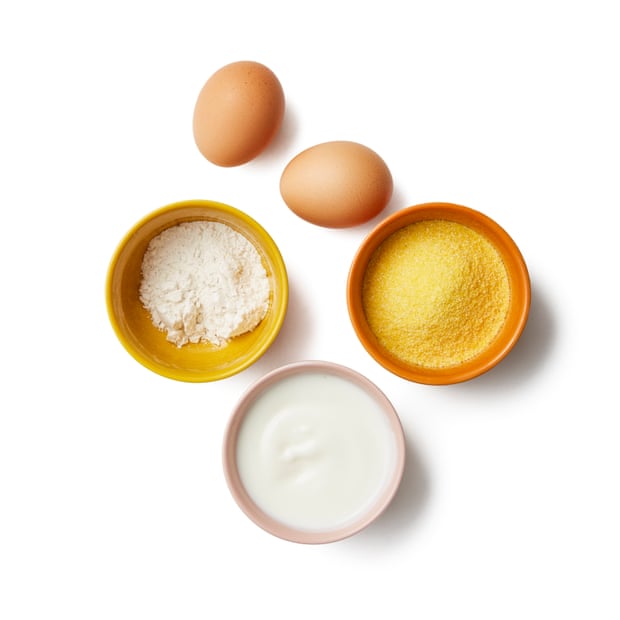The dry ingredients and the eggs of Felicity Cloake’s perfect sweetcorn fritters