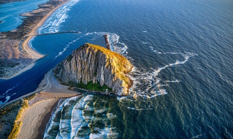 Aerial picture of Morro Rock at sunset
