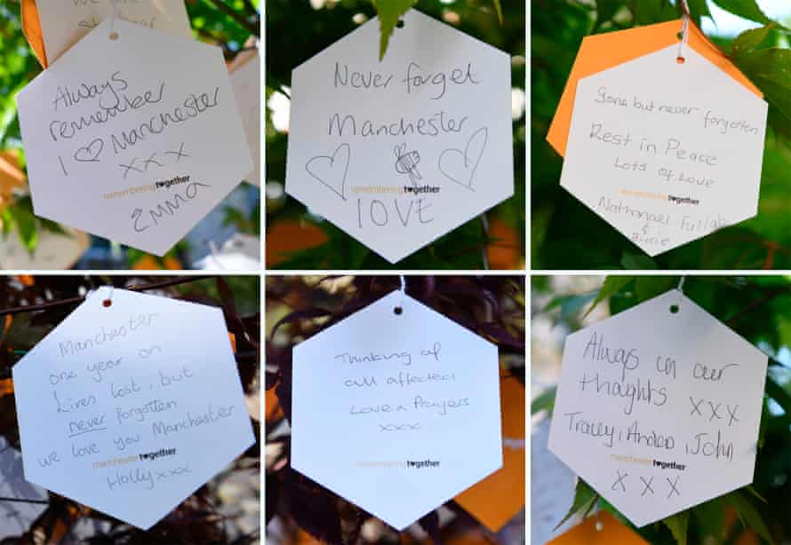 Messages of support hang from a ‘Tree of Hope’ planted as a memorial to the Manchester Arena victims