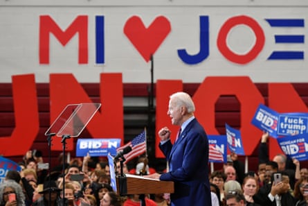 Biden speaks during a campaign rally at Renaissance High School in Detroit.
