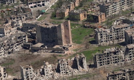 Aerial view of ruined buildings in Bakhmut
