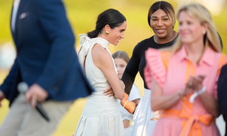 Meghan Markle, Duchess of Sussex, centre, with Serena Williams and other guests at the 2024 Royal Salute Polo Challenge in Wellington, Florida.