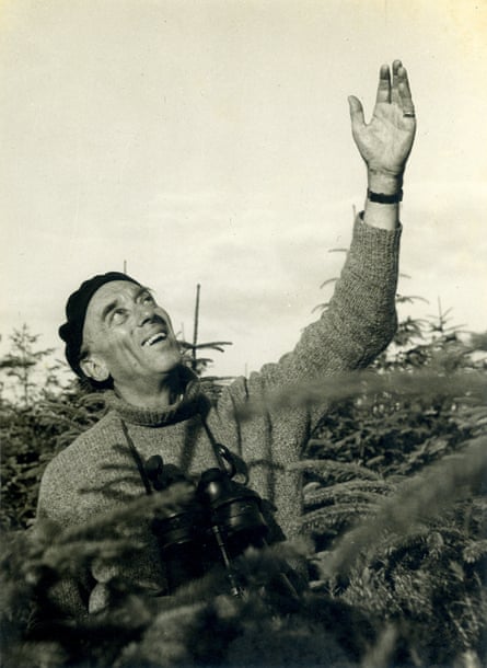 Ludwig Koch among trees looking at birds in the sky