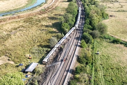 An aerial view of the derailed train in East Sussex.