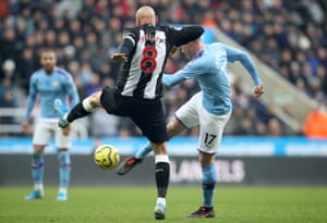 Shelvey isn’t quick enough to close down Kevin De Bruyne as he fires in the second for City.