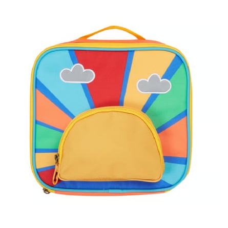 Lunchbag with a rainbow pattern on the front panel and semi-circle zip pocket in yellow