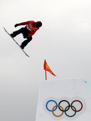 Jamie Nicholls of Britain in action during the men’s snowboard slopestyle qualification at the 2018 Winter Olympics.
