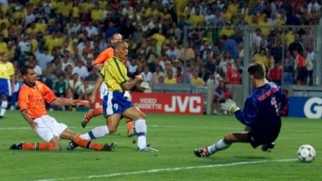 Original Ronaldo, centre, scores for Brazil in their 1998 World Cup semi-final against the Netherlands in the Stade Vélodrome, Marseille.