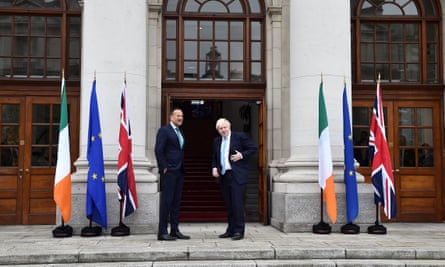 Boris Johnson meeting the Irish taoiseach, Leo Varadkar, in Dublin on Monday.