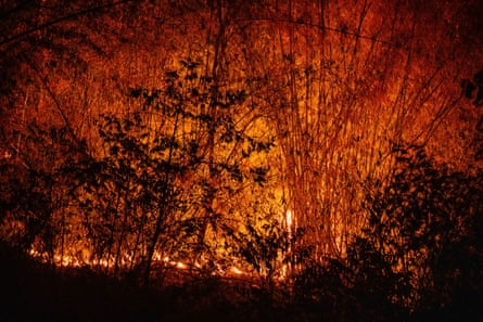 A hillside wildfire is seen from a road in Chiang Mai last week.