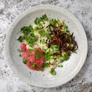 Broad bean pilaf with beetroot borani.