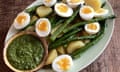 Rachel Roddy's potatoes, eggs, asparagus and green sauce.