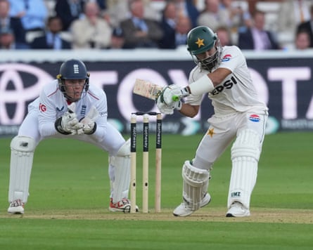The Pakistan batter Mohammad Rizwan shapes to play a shot to the leg-side during his team’s second Test against England at Lord’s.