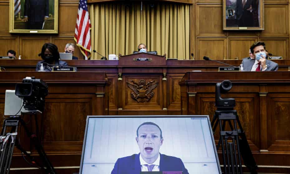 Facebook’s Mark Zuckerberg appears by video during a US house judiciary subcommittee hearing, ‘Online Platforms and Market Power’ in Washington, 29 July.