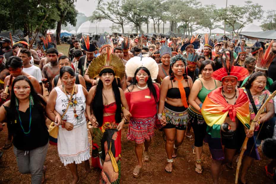 Prominent female indigenous leaders Maial Payakan, Sônia Guajajara, Célia Xakriabá, Braulina Baniwa and others join a march in Brasília during the Free Land Camp to protest against Bolsonaro’s anti-Indigenous agenda.