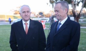 Malcolm Turnbull and Bill Shorten do the rounds of the temporary TV studios on the front lawn of Parliament House