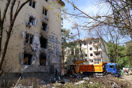 A badly damaged apartment block