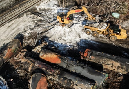 An aerial photo shows contaminated material being removed as cleanup continues in East Palestine, Ohio, on 18 February 2023.