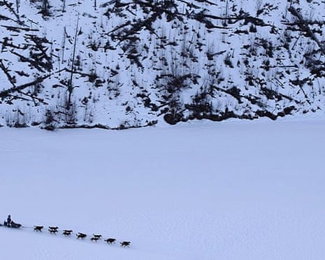 A musher crosses a lake near the Cripple checkpoint of Iditarod 2016, Alaska, on 10 March.