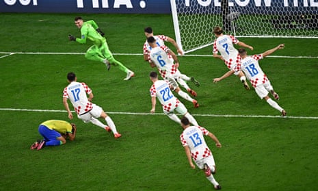 Despair for Marquinhos and delight for Croatia after the defender misses the eighth penalty in Friday’s shootout to send Brazil out of the World Cup.