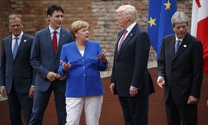 Donald Trump with other G7 leaders, including Canadian prime minister Justin Trudeau and German chancellor Angela Merkel, in Italy on 26 May. 