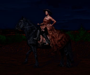 A woman wearing a brown dress, sat on a black horse against a black background.