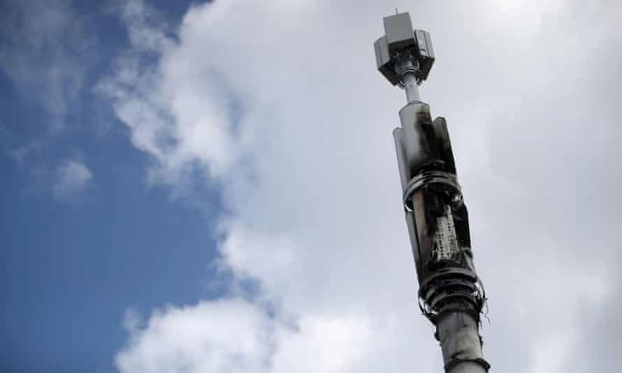 A 5G mast damaged by fire in Birmingham, UK. 