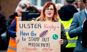 Belfast Feminist Network activists protest outside the Kingspan stadium in Belfast, April 2018