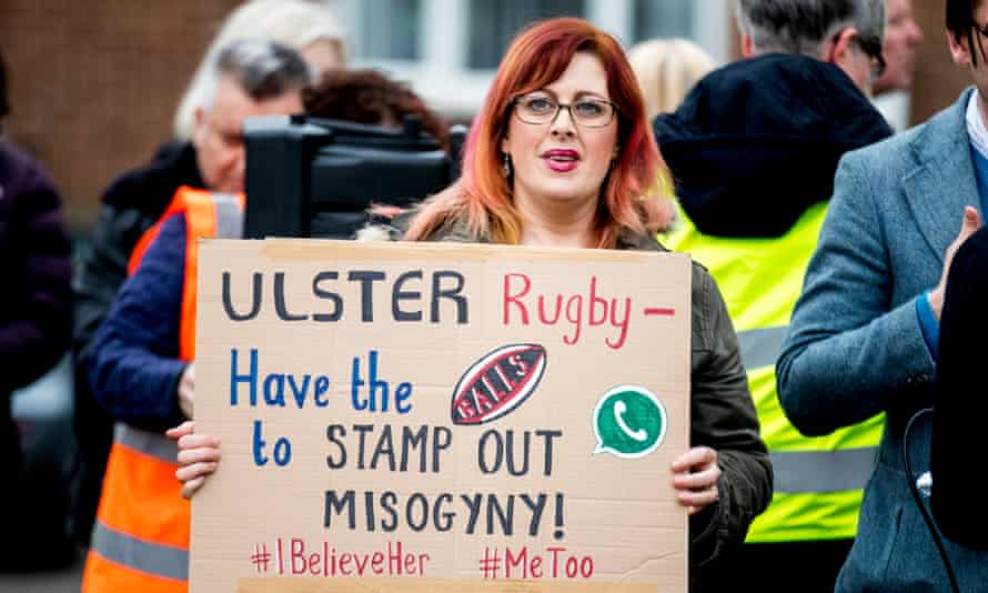 Belfast Feminist Network activists protest outside the Kingspan stadium in Belfast, April 2018