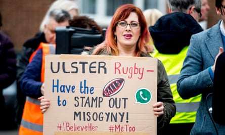 Belfast Feminist Network activists protest outside the Kingspan stadium in Belfast, April 2018