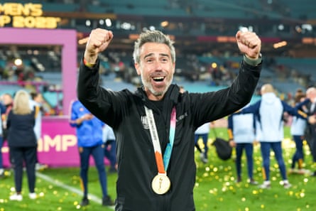 The former head Coach of Spain, Jorge Vilda, celebrates winning the World Cup