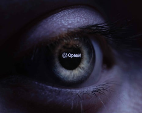 Close up of a human eyeball with OpenAI reflection in pupil