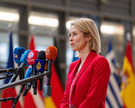 European Union foreign policy chief Kaja Kallas speaks with the media as she arrives for a meeting of EU foreign ministers at the European Council building in Brussels, Monday.