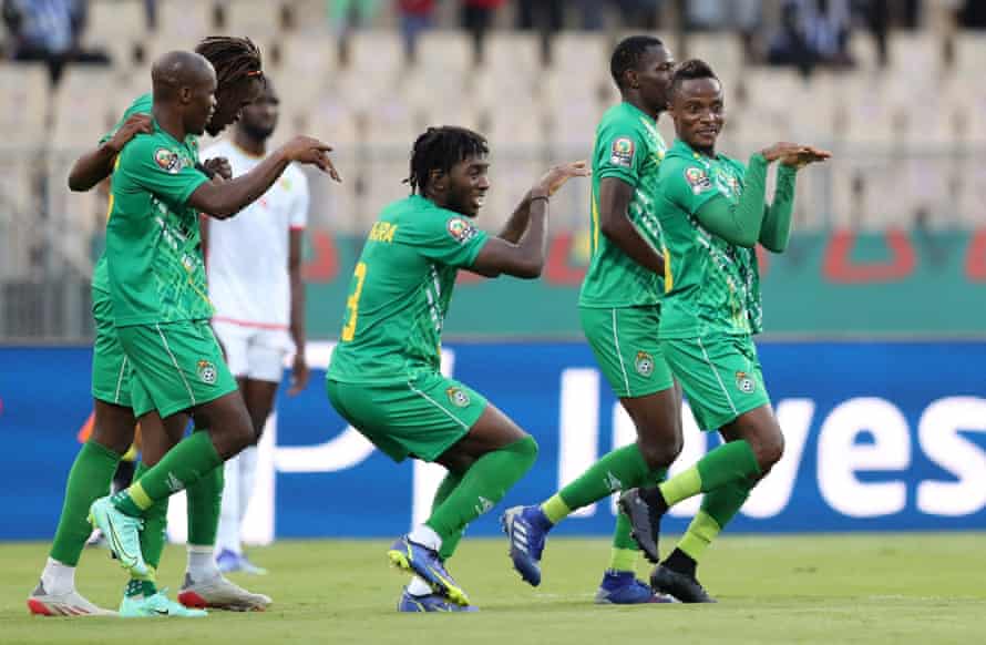 Kudakwashe Mahachi (right) celebrates scoring Zimbabwe’s second goal with team-mates.