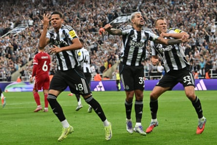 William Osula (left) celebrates with Bruno Guimarães and Dan Burn after his 88th-minute equaliser.