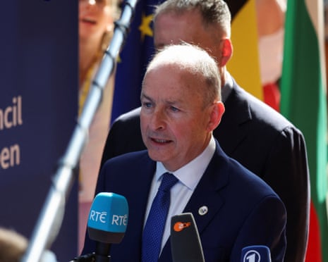 Irish taoiseach Micheál Martin speaks to the press at a European Union leaders summit in Brussels, Belgium.