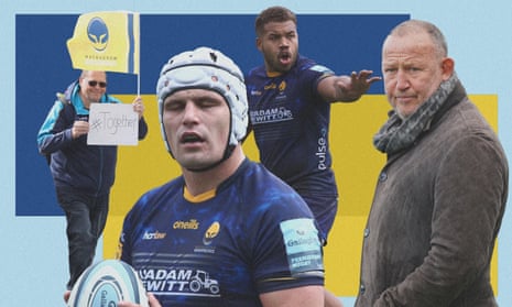 From left: a Worcester Warriors fan, the hooker Curtis Langdon, the centre Ollie Lawrence and the director of rugby, Steve Diamond