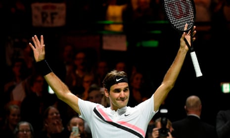 Roger Federer celebrates victory over Robin Haase in the quarter-finals of the World Tennis Tournament in Rotterdam.