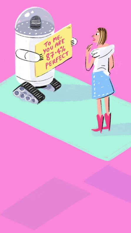 Illustration of woman looking at robot holding up the message “To me, you are 87.5% perfect”