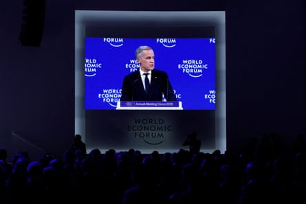 Mark Carney speaks at the 56th annual World Economic Forum (WEF) meeting in Davos, Switzerland, 20 January 2026.