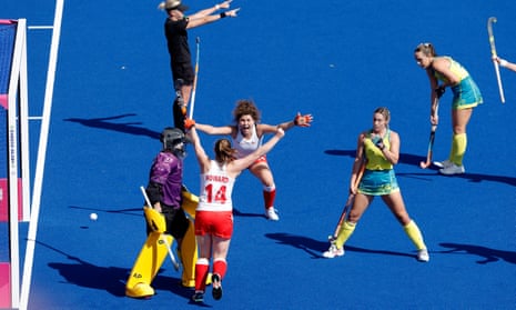 Tess Howard and Holly Hunt celebrate after Howard put England two goals up against Australia.