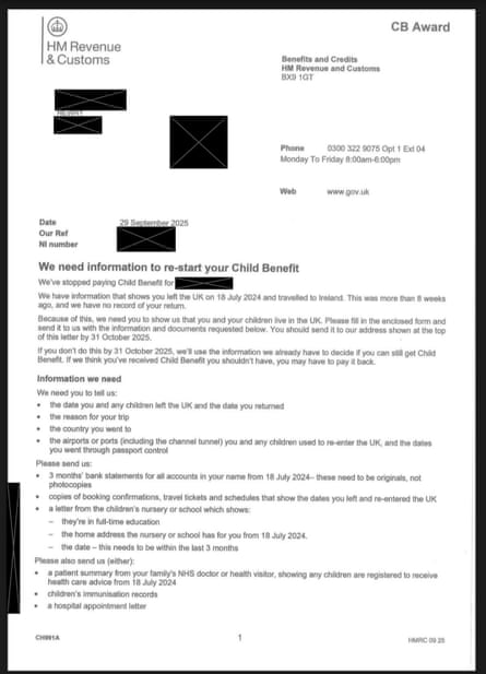 HMRC letter warning parents in Belfast their child benefit would be stopped