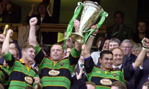 Northampton’s captain Pat Lam and Tim Rodber celebrate winning the Champions Cup in 2000