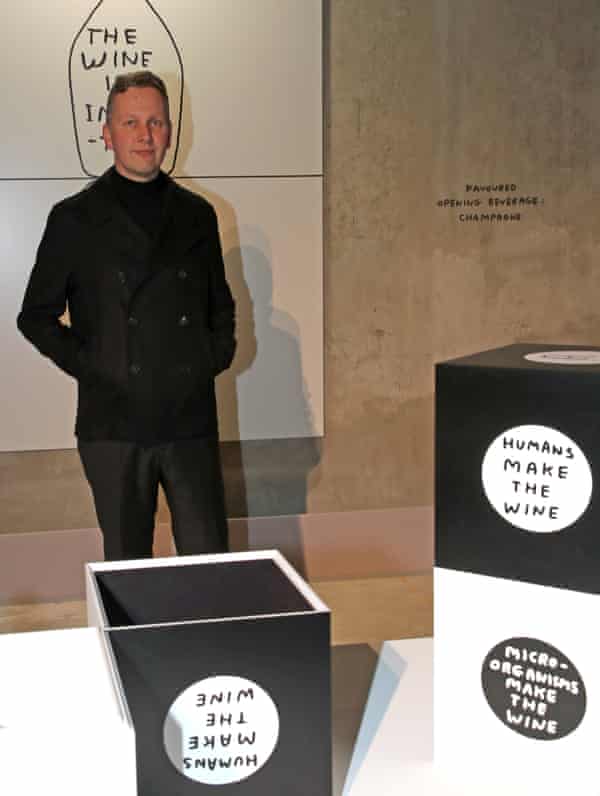 ‘I got to drink lots of very good champagne’ … David Shrigley with his work for Ruinart. One of his messages said: ‘Keep your filthy hands off our grapes’.