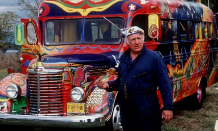 The journey continues … Ken Kesey in 1990 with “Further II”, a successor to the school bus used by the Merry Pranksters in the 60s.