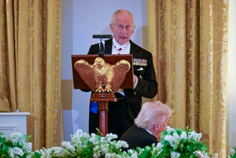 King Charles addresses the guests at the state dinner at the White House in Washington, D.C.